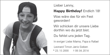 Traueranzeige von Leonard Timon Janis Sieben von vrm-trauer