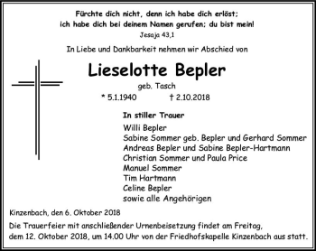 Traueranzeige von Lieselotte Bepler von  Gießener Anzeiger