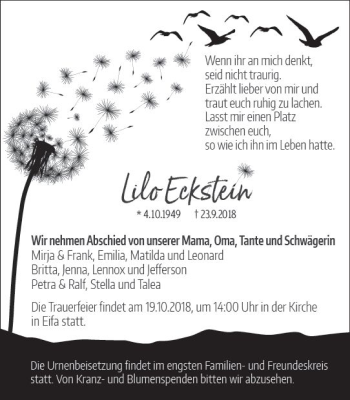 Traueranzeige von Lilo Eckstein von VRM Trauer