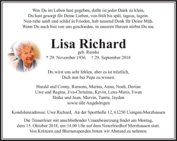 Traueranzeige von Lisa Richard von  Usinger Anzeiger