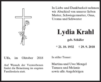 Traueranzeige von Lydia Krahl von  Kreisanzeiger