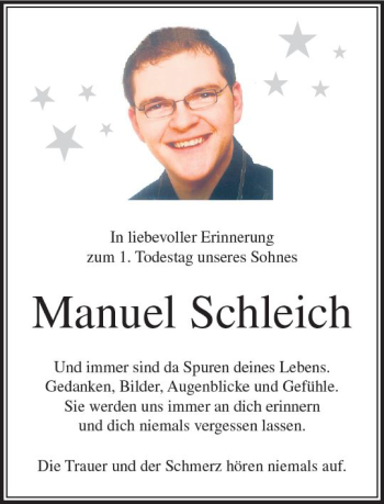 Traueranzeige von Manuel Schleich von VRM Trauer