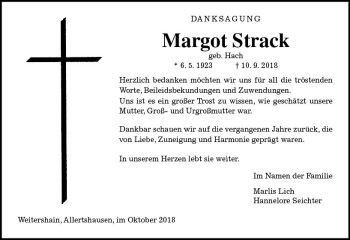 Traueranzeige von Margot Strack von  Gießener Anzeiger