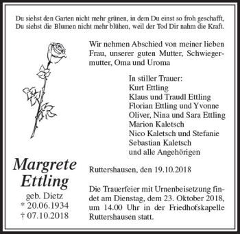 Traueranzeige von Margrete Ettling von  Gießener Anzeiger