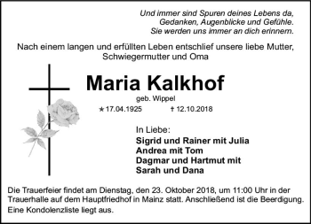 Traueranzeige von Maria Kalkhof von vrm-trauer