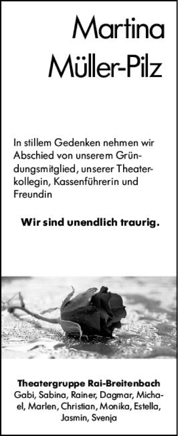 Traueranzeige von Martina Müller-Pilz von vrm-trauer