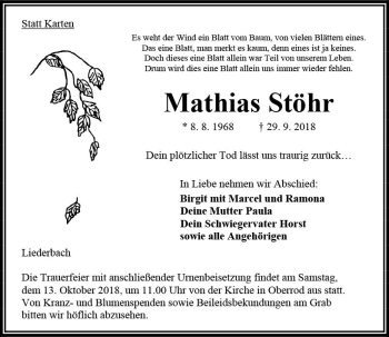 Traueranzeige von Mathias Stöhr von VRM Trauer