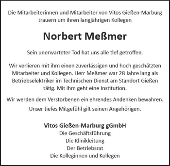 Traueranzeige von Norbert Meßmer von  Gießener Anzeiger