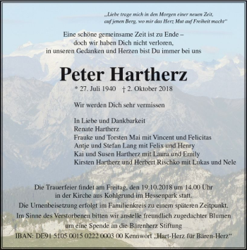 Traueranzeige von Peter Hartherz von  Usinger Anzeiger
