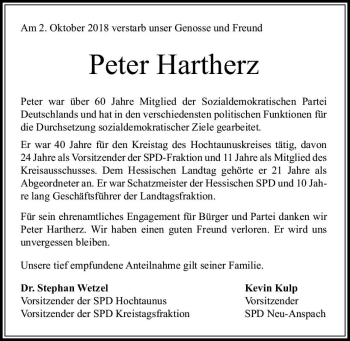 Traueranzeige von Peter Hartherz von  Usinger Anzeiger