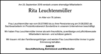 Traueranzeige von Rita Leuchtenmüller von vrm-trauer