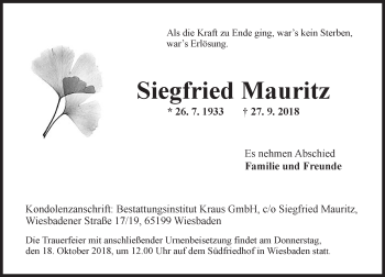 Traueranzeige von Siegfried Mauritz von vrm-trauer