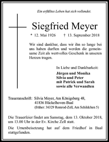 Traueranzeige von Siegfried Meyer von VRM Trauer