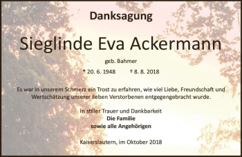 Traueranzeige von Sieglinde Eva Ackermann von vrm-trauer