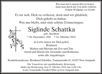 Traueranzeige von Siglinde Schattka von  Usinger Anzeiger Traueranzeige von Siglinde Schattka von  Usinger Anzeiger