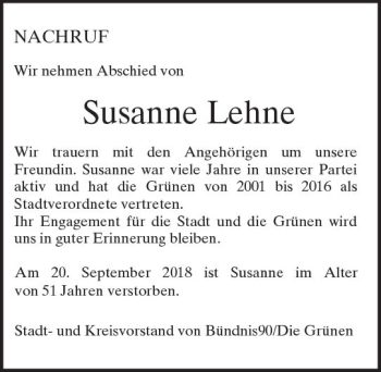 Traueranzeige von Susanne Lehne von  Gießener Anzeiger