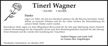 Traueranzeige von Tinerl Wagner von vrm-trauer