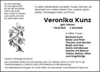 Traueranzeige von Veronika Kunz von vrm-trauer