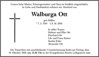 Traueranzeige von Walburga Ott von  Gießener Anzeiger