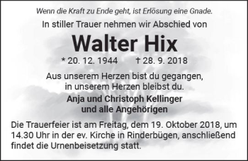 Traueranzeige von Walter Hix von  Kreisanzeiger
