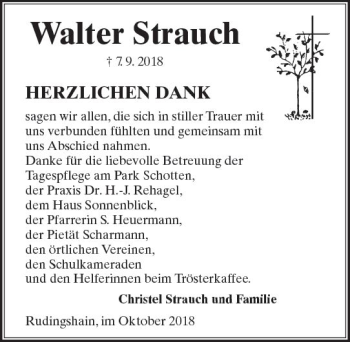 Traueranzeige von Walter Strauch von  Kreisanzeiger