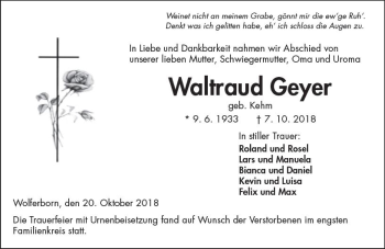 Traueranzeige von Waltraud Geyer von  Kreisanzeiger