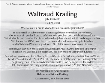 Traueranzeige von Waltraud Krailing von  Kreisanzeiger