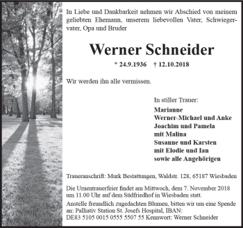 Traueranzeige von Werner Schneider von vrm-trauer