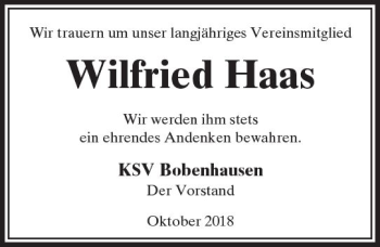Traueranzeige von Wilfried Haas von  Kreisanzeiger