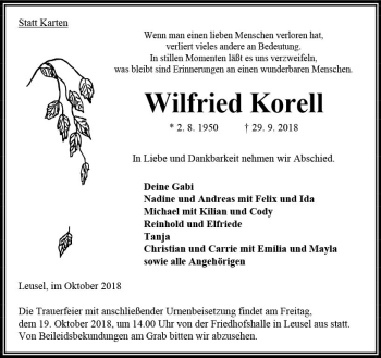 Traueranzeige von Wilfried Korell von VRM Trauer