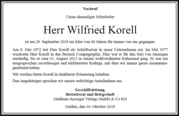 Traueranzeige von Wilfried Korell von VRM Trauer