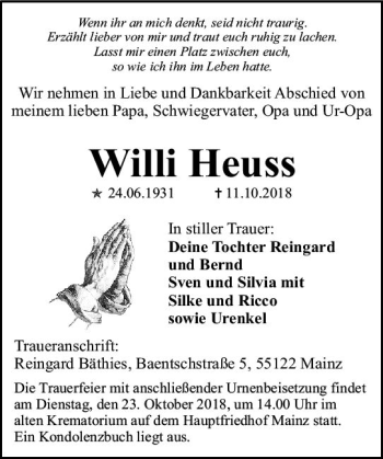 Traueranzeige von Willi Heuss von vrm-trauer