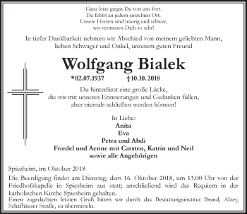 Traueranzeige von Wolfgang Bialek von vrm-trauer