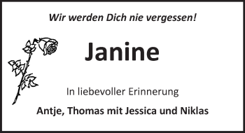 Traueranzeige von Janine  von VRM Tageszeitungen