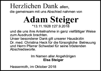 Traueranzeige von Adam Steiger von vrm-trauer