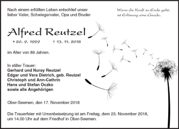 Traueranzeige von Alfred Reutzel von  Kreisanzeiger