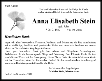 Traueranzeige von Anna Elisabeth Stein von VRM Trauer
