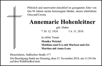 Traueranzeige von Annemarie Hohenleitner von vrm-trauer