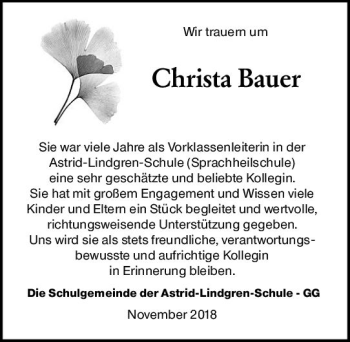 Traueranzeige von Christa Bauer von vrm-trauer