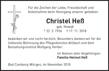 Traueranzeige von Christel Heß von  Camberger Anzeiger
