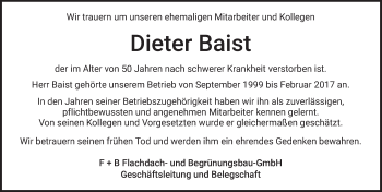 Traueranzeige von Dieter Baist von  Kreisanzeiger