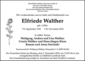 Traueranzeige von Elfriede Walther von vrm-trauer