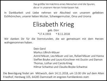 Traueranzeige von Elisabeth Krieg von vrm-trauer