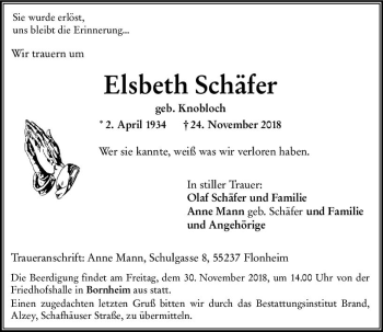 Traueranzeige von Elsbeth Schäfer von vrm-trauer