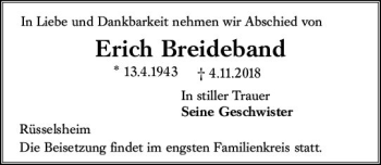 Traueranzeige von Erich Breideband von vrm-trauer