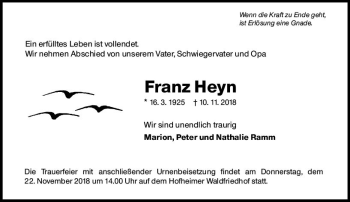 Traueranzeige von Franz Heyn von vrm-trauer Traueranzeige von Franz Heyn von vrm-trauer