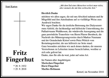 Traueranzeige von Fritz Fingerhut von VRM Trauer