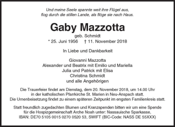 Traueranzeige von Gaby Mazzotta von  Usinger Anzeiger