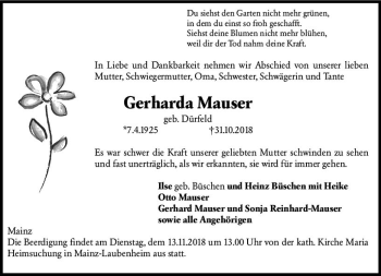 Traueranzeige von Gerharda Mauser von vrm-trauer