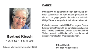 Traueranzeige von Gertrud Kirsch von  Gießener Anzeiger